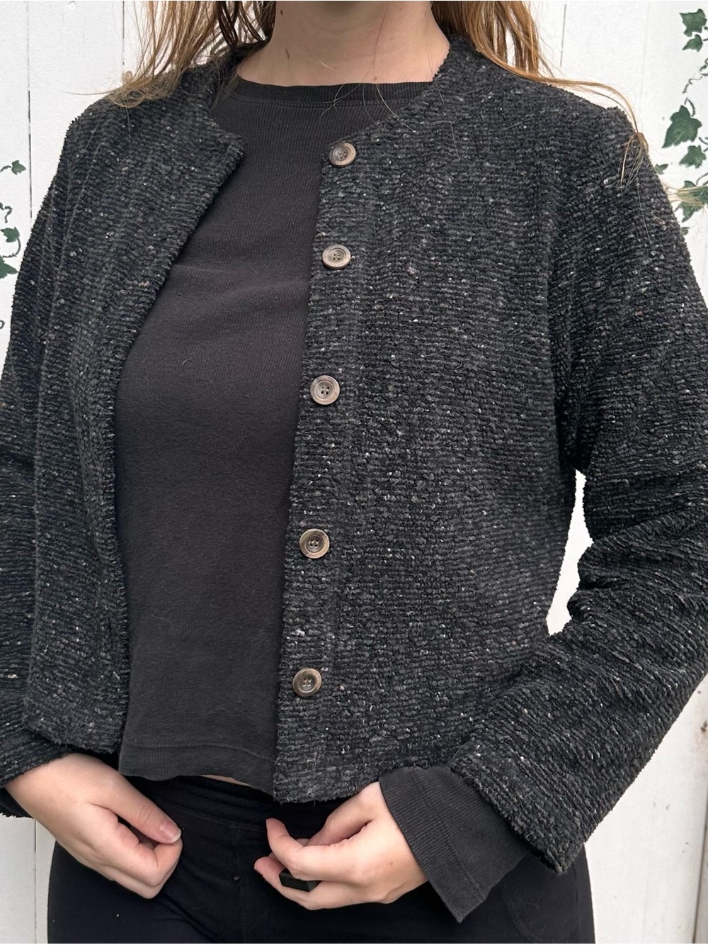 90s Vintage Black Tweed Wool Blend Button-Front Women's Jacket Cardigan NT